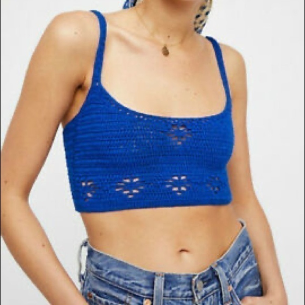 Free People Crochet Berkinette Cami Crop Top NWT Medium Blue Knit Boho